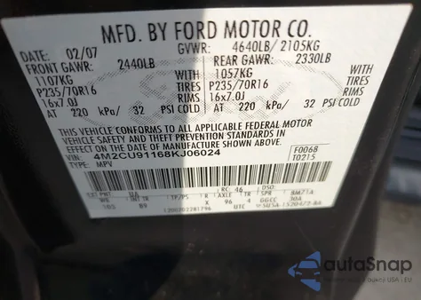 2008 Mercury Mariner V6 z USA, uszkodzony, nr VIN 4M2CU91168KJ06024